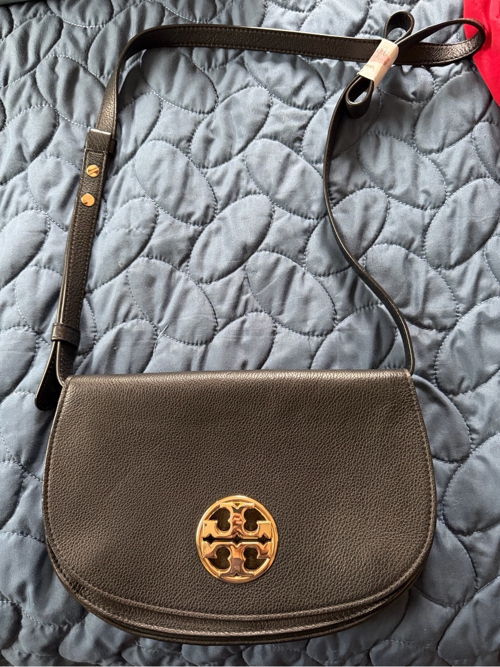 Black Leather Crossbody Bag with Gold Logo Accent